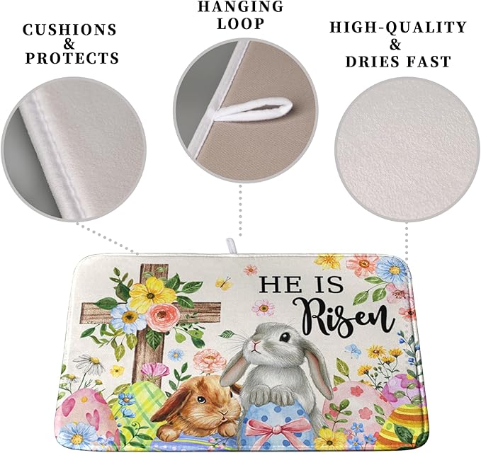 He is Risen Easter Dish Drying Mat for Kitchen Counter Bunny Floral Cross Dish Drainer Mats Spring Rabbit Flowers Egg Dish Drying Pads Absorbent Microfiber Reusable Dish Rack Mat 16x18 Inch