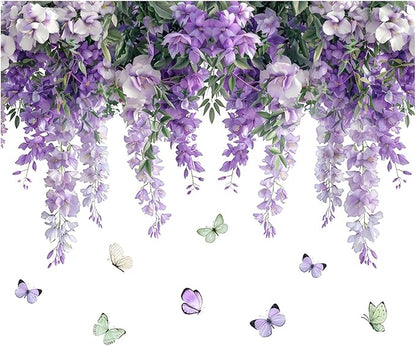 Purple Hanging Vine Wall Decals, Removable Wisteria Floral Vinyl Stickers, Flower Vine Butterfly Stickers Art Wallpaper for Home Clings Bathroom Bedroom Living Room Wall Corner Decor