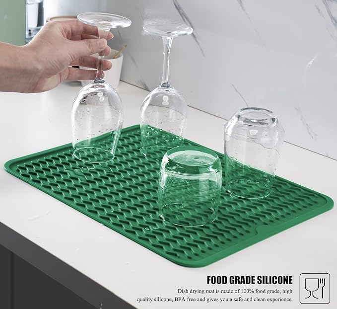 Large 24" x 18" Silicone Dish Drying Mat for Kitchen Counter, Easy clean, Quick Dry, Heat-resistant Dish Drainer Mat for Sink,Refrigerator or Drawer liner (Food Grade Silicone-Dark Green)