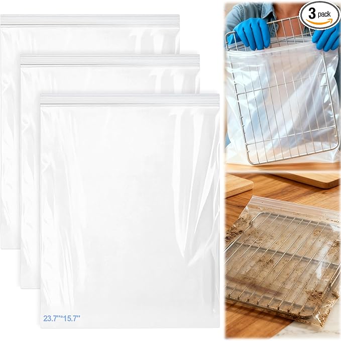 Palksky Oven Rack Cleaning Bags, Heavy Duty No Scrub Oven Rack Cleaning Bags, Reusable Leak-Resistant PE Bags for Deep Soaking Grill Grates, BBQ Racks, No Cleaner Included, 3 Pack(15.7''*23.7'')