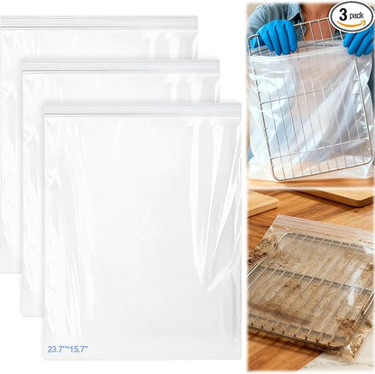 Palksky Oven Rack Cleaning Bags, Heavy Duty No Scrub Oven Rack Cleaning Bags, Reusable Leak-Resistant PE Bags for Deep Soaking Grill Grates, BBQ Racks, No Cleaner Included, 3 Pack(15.7''*23.7'')