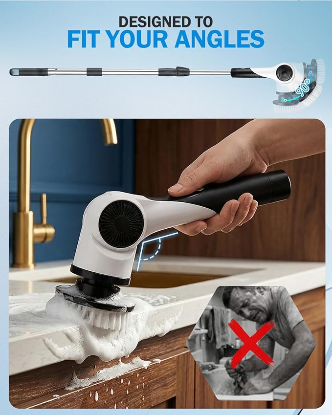 Electric Spin Scrubber, 3-Speed Shower Scrubber with Long Handle & 10 Replaceable Brush Heads, Cordless Shower Cleaner Brush with 90 Mins Runtime & Full-Body IPX7 Waterproof for Bathroom Kitchen