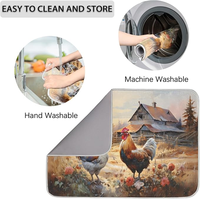 Honeybaby Dish Drying Mat Rooster Hen Chickens Dish Drying Mats for Kitchen Counter Absorbent Kitchen Drying Mat Dish Rack Mat 18x24 inches