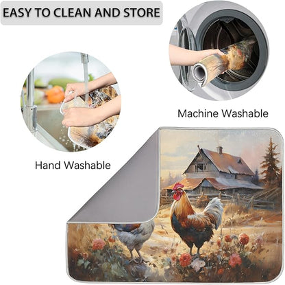 Honeybaby Dish Drying Mat Rooster Hen Chickens Dish Drying Mats for Kitchen Counter Absorbent Kitchen Drying Mat Dish Rack Mat 18x24 inches