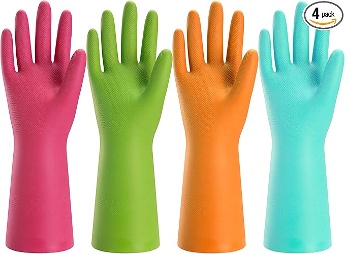 Bamllum Rubber Cleaning Gloves for Kitchen - 4 Pairs Reusable Dishwashing Gloves for Household, Flexible Long-lasting & Waterproof (Large, Blue+Green+Red+Orange)