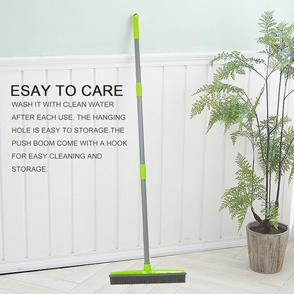 Push Broom Pet Hair Removal Broom with Squeegee,Soft Silicone Bristle Broom with Long Handle, Non Scratch Carpet Sweeper Brush for Cat/Dog Hair Hardwood Tile Windows(Green)