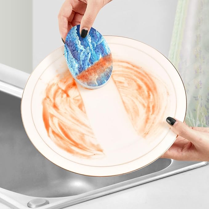 Dolphin Kitchen Scrub Sponges, Pop-up Kitchen Cleaning Sponges Reusable Dish Washing Sponges for Bathroom Household Cleaning 3 Pack - Non Scratch Scrubber