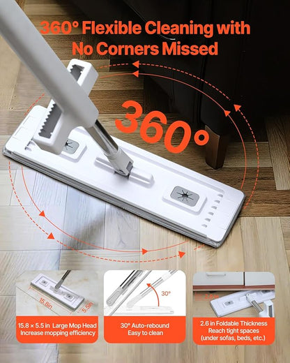 VEVOR Flat Mop, Self Wringing, Microfiber Floor Cleaner with 4 Reusable & Washable Pads for Dry & Wet Floor Cleaning, Microfiber Flat Mop with Stainless Steel Handle for Hardwood Laminate Tile Vinyl