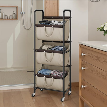GRANNY SAYS 3 Tier Laundry Sorter, Laundry Basket with Wheels, Laundry Room Organization and Storage, 3 Section Rolling Laundry Cart for Dorm, Bathroom, Bedroom, Closet, Light Khaki