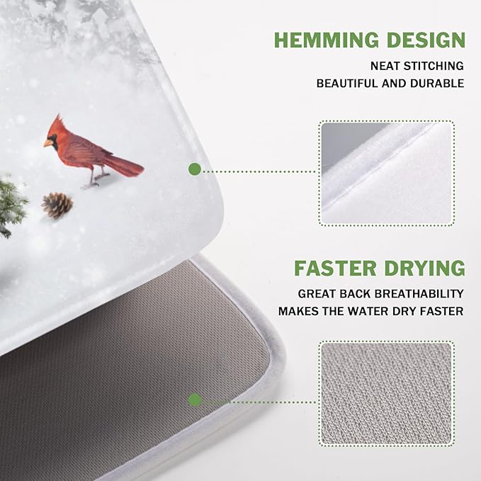 Winter Forest Dish Drying Mat for Kitchen Counter Silvery White Pine Trees Snow Snowflake Drying Mat 16x18 Inch Holiday Absorbent Dish Drainer Mat Kitchen Accessories