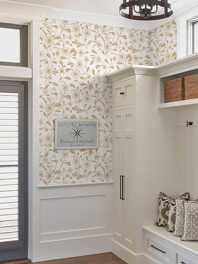 Heroad Floral Wallpaper Peel and Stick White and Gold Contact Paper Boho Peel and Stick Modern Clearance Wall Paper for Cabinets and Drawers Waterproof Self Adhesive 17.3" x 336"
