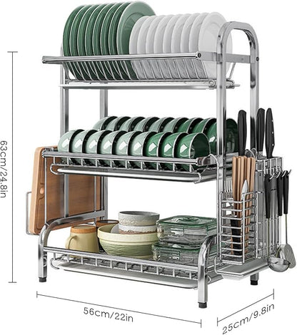 Counter Dish Stainless Steel Dish Drying Rack for Countertop - Rustproof Space-Saving & Multipurpose 3-Tier Dish Rack for Kitchen Counter with Utensil Holder, Large-Capacity Kitchen Organizer
