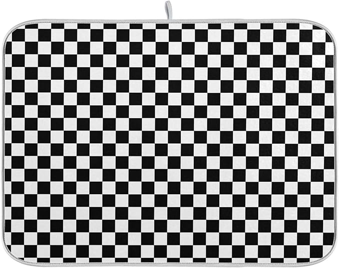 Black White Checkered Pattern Dish Drying Mat for Kitchen Counter Absorbent Microfiber Drying Pad, Medium 16x18 in, Reversible Drainer Mats