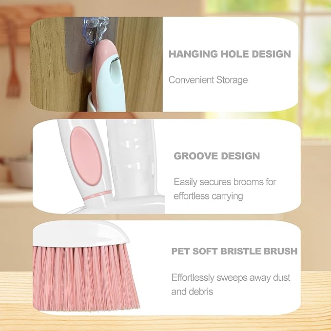 Mini Broom and Dustpan Set Small Broom with Dustpan Combo Set Portable Cleaning Tools for Home Office RV Learning Camping (White+Green)