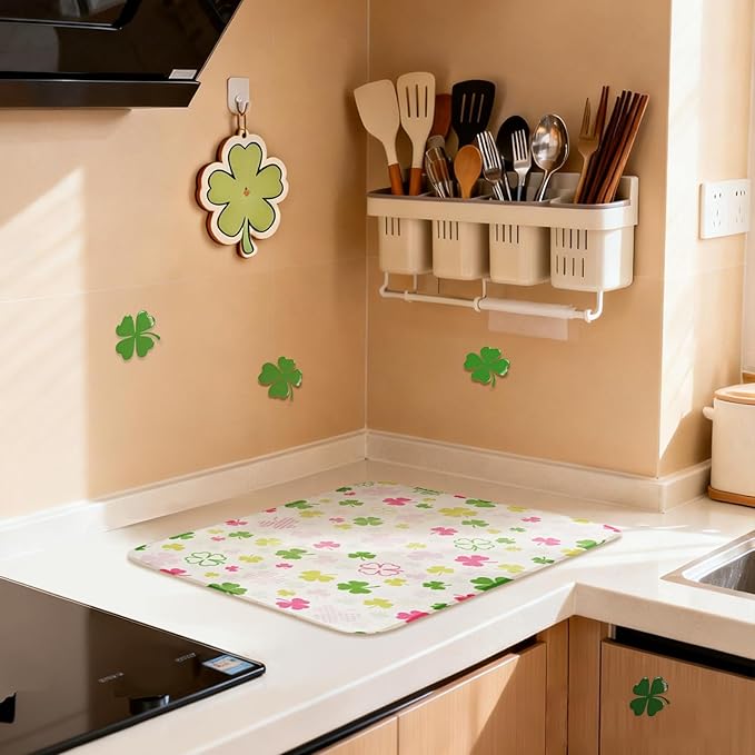 St Patrick's Day Dish Drying Mat, Ultra Absorbent St Patrick's Day Drying Mat for Kitchen Counter, Coffee Maker, 18 x 24 Inch