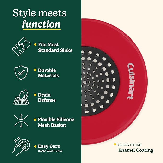 Cuisinart Sink Strainers- 2 Pack Kitchen Sink Drain Strainer & Food Catcher with Enamel-Coated Stainless Steel Rim and Silicone Base, Fits Standard 3.5" Drains, Outer Diameter 4.35", Scratch-Safe