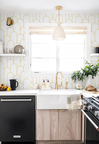 Yasinet Peel and Stick Wallpaper White and Gold Wallpaper Modern Geometric Contact Paper White/Gold Stripe Self Adhesive Wall Paper Decorative for Wall Bedroom 17.3''x393.7''