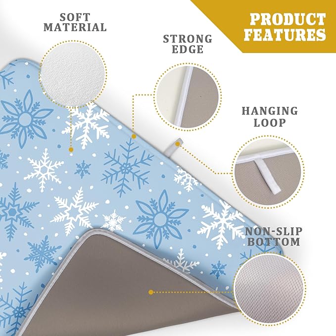 Winter Dish Drying Mat for Kitchen Counter 18x24 Blue White Snowflake Holiday Theme Seasonal Absorbent Reversible Microfiber Drying Mats Kitchen Countertop Protector Dishes Drainer Pad