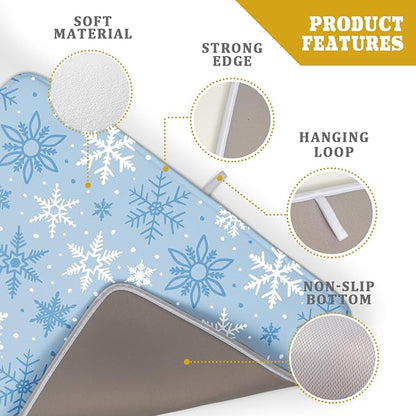 Winter Dish Drying Mat for Kitchen Counter 18x24 Blue White Snowflake Holiday Theme Seasonal Absorbent Reversible Microfiber Drying Mats Kitchen Countertop Protector Dishes Drainer Pad