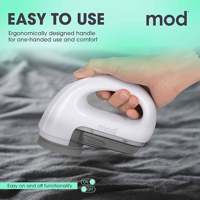 MOD Portable Fabric Shaver and Lint Remover, Reusable Pet Hair Remover,Roller for Clothes, Sweater Shaver, Couch, Blankets, Curtains with Detachable Lint Collector Tank, Battery Operated, White/Gray