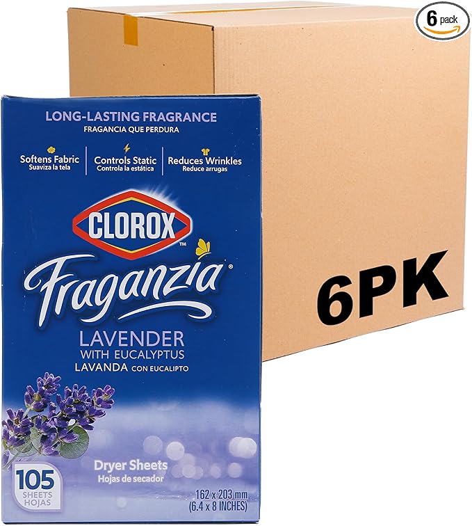 Clorox Fraganzia Fabric Softener Dryer Sheets, Wrinkle Reducing and Anti Static Laundry Dryer Sheets for Great Smelling Clothes, Softens Fabrics, Lavender with Eucalyptus Scent, 105 Count - 6 Pack