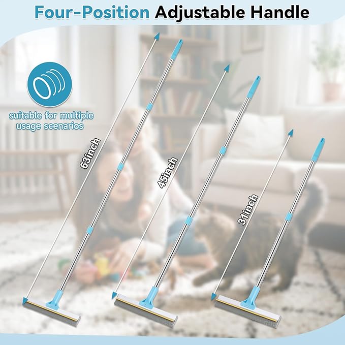 Carpet Rake for Pet Hair Removal Tool, Reusable Pet Hair Rake with 63” Adjustable Long Handle, Cat Dog Hair Remover Carpet Broom and Scraper, for Carpets, Rugs, Mats, Couch, Furniture, Car