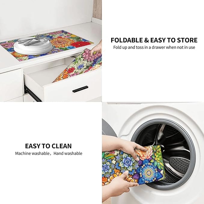 Boho Floral Dish Drying Mats for Kitchen Counter 18" x 24", Absorbent Microfiber Colorful Drying Pad for Dishes, Washable Foldable Reversible Decorative Kitchen Mat for Dining Area Sink, Home Decor