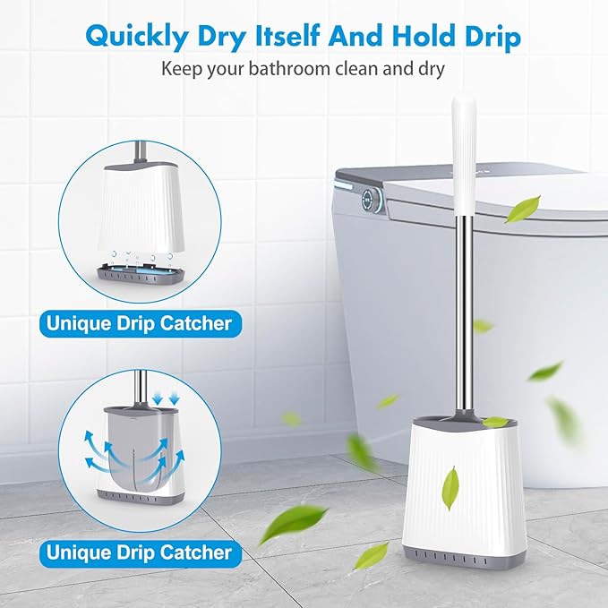 Toilet Brush, Silicone Toilet Brush and Holder, Flexible Toilet Bowl Brush Head with Ventilated Holder, Wall Mounted Compact Toilet Brush Set for Bathroom Cleaning (1, Gray)