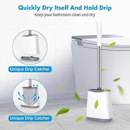 Toilet Brush, Silicone Toilet Brush and Holder Set, Flexible Toilet Bowl Brush Head with Ventilated Holder, Wall Mounted Compact Toilet Scrubber Set for Bathroom Cleaning (1, White)
