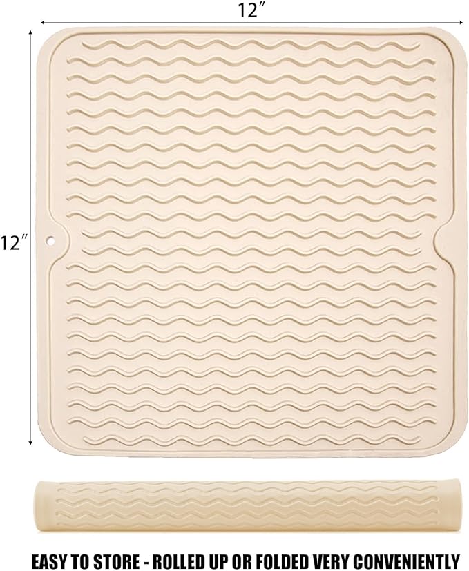 Silicone Dish Drying Mat for Multiple Usage, Easy clean, Eco-friendly, Heat-resistant Dish Drainer Mat for Kitchen Counter,Sink,Refrigerator or Drawer liner (12" x 12", BEIGE)
