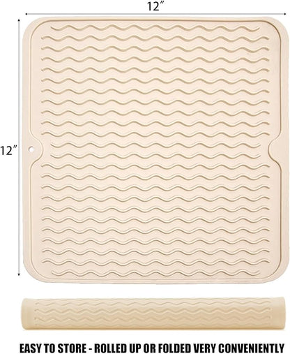 Silicone Dish Drying Mat for Multiple Usage, Easy clean, Eco-friendly, Heat-resistant Dish Drainer Mat for Kitchen Counter,Sink,Refrigerator or Drawer liner (12" x 12", BEIGE)