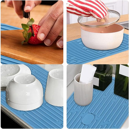 Blue Silicone Dish Drying, Mat Dish Mats for Multiple Usage, Kitchen Heat Resistant Mat, Can Be Rolled Up, Easy to Clean,Eco-friendly for Sink Bar Bottle