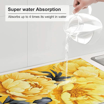 Yellow Peony Dish Drying Mats for Kitchen Counter, Absorbent Reversible Microfiber Dish Drying Pad, Multi-Use Large Drying Mat Coffee Bar Accessories 18"x24"