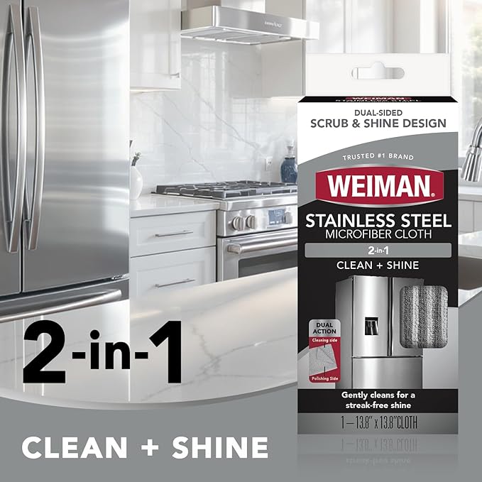 Weiman Microfiber Cloth for Stainless Steel, Safely Traps and Removes Dirt, Oil and Grime to Protect from Scratches 13.8" x 13.8" (Pack of 2)