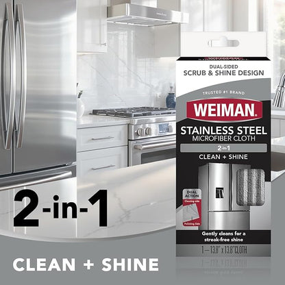 Weiman Microfiber Cloth for Stainless Steel, Safely Traps and Removes Dirt, Oil and Grime to Protect from Scratches 13.8" x 13.8" (Pack of 2)