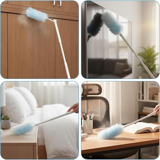 60 Count Duster Refills, 360° Heavy Duty Dusters Kit Disposable Microfibre Dusters with Extendable Handle Multi Surface Duster for Cleaning Furniture Blind Ceiling Fan Home