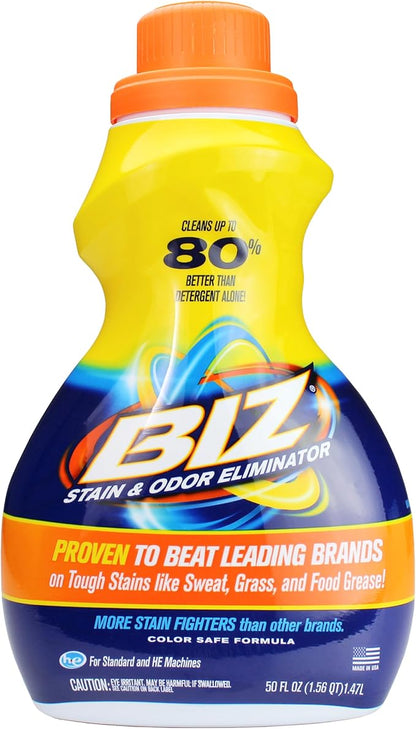 Biz Detergent Stain and Odor Eliminator, 50 oz Liquid Laundry Booster – Powerful Stain Remover for Clothes, Activewear, and Household Fabrics