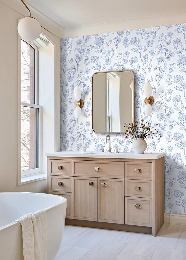 Timeet Floral Peel and Stick Wallpaper Blue and White Wallpaper Removable Self-Adhesive Wall Paper for Bedroom Bathroom Vintage Contact Paper for Walls Covering 17In×78.7In