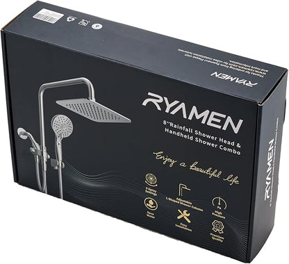 Ryamen Dual Shower Head Combo, 8'' High Pressure Rain Shower Head with Handheld Spray, 6 Settings Handheld Showerhead, 15" Height Adjustable Slide Bar, Angle Adjustable, Chrome Polished