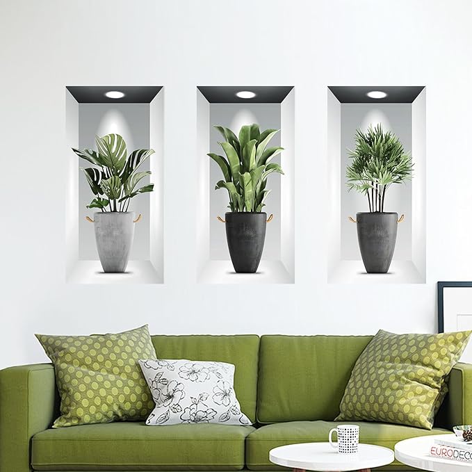 Tanlaby 3 Pack Green Plants Wall Stickers 3D Realistic Potted Plant Wall Decals Self-Adhesive Mural Removable Natural Art Sticker for Office Living Room Bedroom Art Room Sofa Backdrop Decor