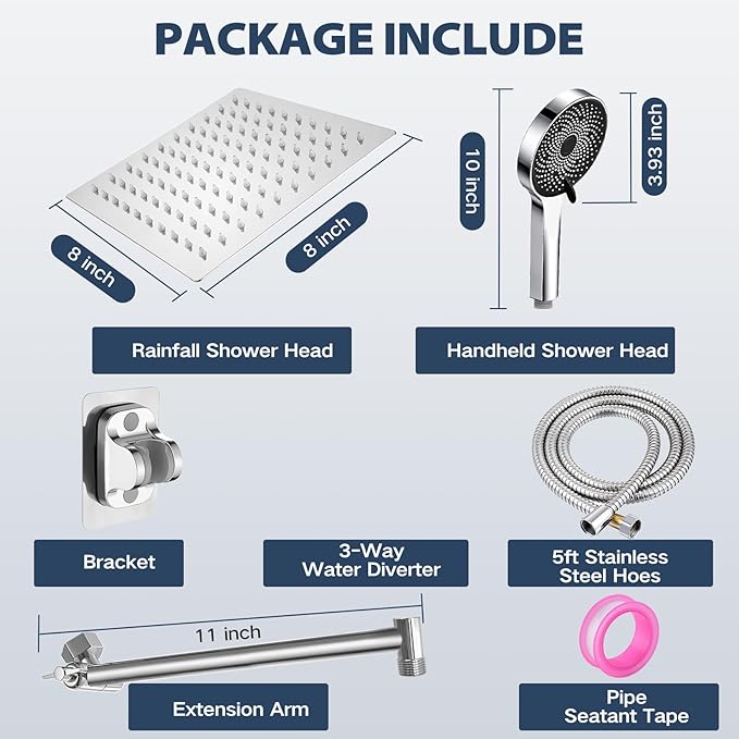 Shower Head, Rain Shower Head with Handheld Spray Combo, 8 Inch Adjustable High Pressure Rainfall Shower Head, Dual Showerhead Set with Extension Arm