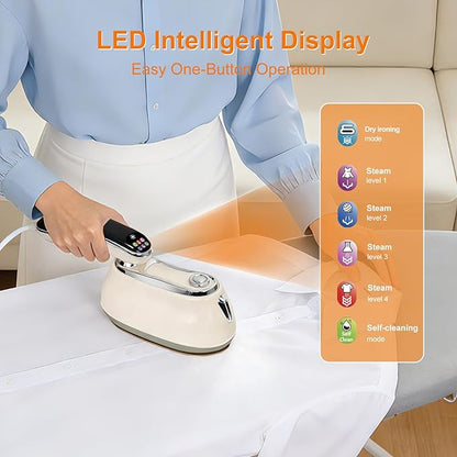 Steamer for Clothes, 2 in 1 Garment Steamer, 6-Level Clothes Steamer, 1200W Steamer Iron for Clothes, Steam Iron, LED Display Clothes Steamer Handheld, 15s Heat Up, Water Tank, Suitable Home, Office