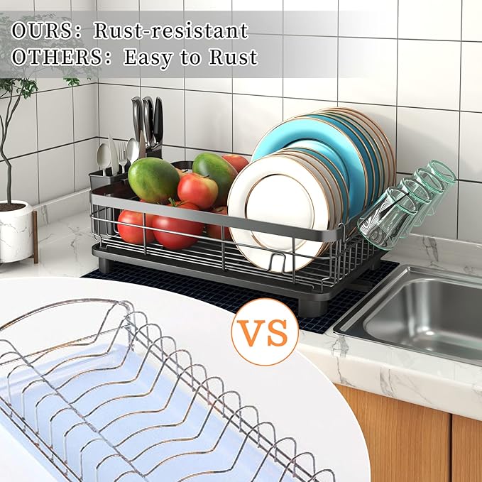 Godboat Dish Drying Rack, Dish Rack with Auto-Drain & Mat, Dish Drainers for Kitchen Counter, Glass Organizer for 4 Cups, 3 Slots Utensil Holder, Gifts for Women Mothers Day, Kitchen Gadgets & Decor