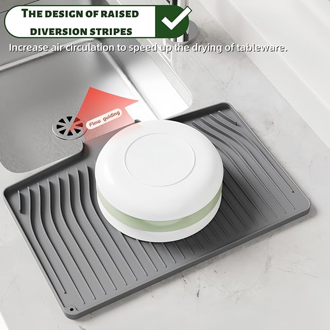 CIEO Silicone Dish Drying Mat for Kitchen Counter, Slope Fast Self-Draining, Non-Slip Drain Pad, Easy Clean Countertop Protection Mat, Multiple Use for Dishes Drying Rack（19"x 14",Black）