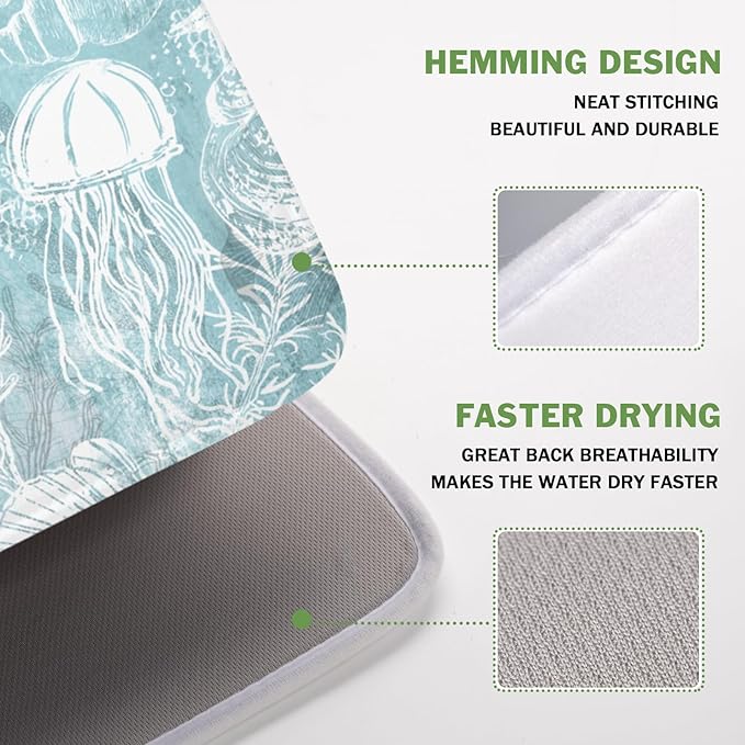 Summer Sea Shell Drying Mat 18x16 Inch, Teal Starfish Drying Mat with Absorbent Reversible Microfiber, Coastal Dish Drainer Mats Holiday Ocean Rack Pad for Coffee Countertop Kitchen Protector