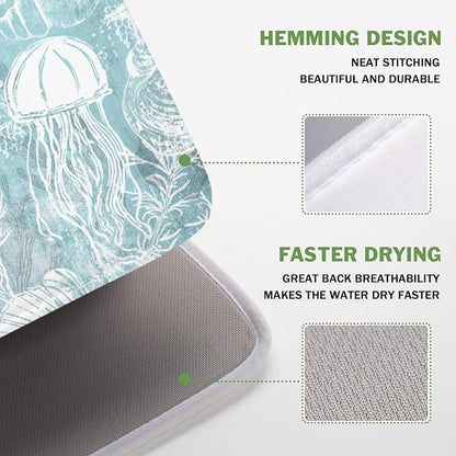 Summer Sea Shell Drying Mat 18x16 Inch, Teal Starfish Drying Mat with Absorbent Reversible Microfiber, Coastal Dish Drainer Mats Holiday Ocean Rack Pad for Coffee Countertop Kitchen Protector