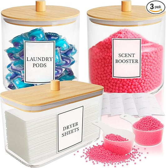 Laundry Pods Containers for Organizing Dryer Sheet Holder & Laundry Jars with Lids, Labels & Scoops - Acrylic Laundry Storage Containers for Powder, Pods, Detergent, Scent Booster