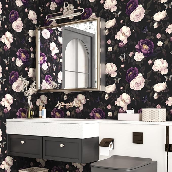 Dark Purple Floral Peelable Wallpaper, Vintage Black Botanical Flower Self Adhesive Removable Wall Paper for Bedroom Cabinet Drawer, Vinyl Retro Contact Paper Black Dark Purple 17.5In x 118In
