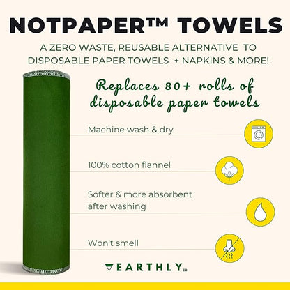 Reusable Paper Towels - 10 Pack - Roll of Washable Cotton Cloth Paper Towels - Paperless Reusable Napkins Cloth Washable - Absorbent + Long Lasting - Zero Waste Products - (Green)