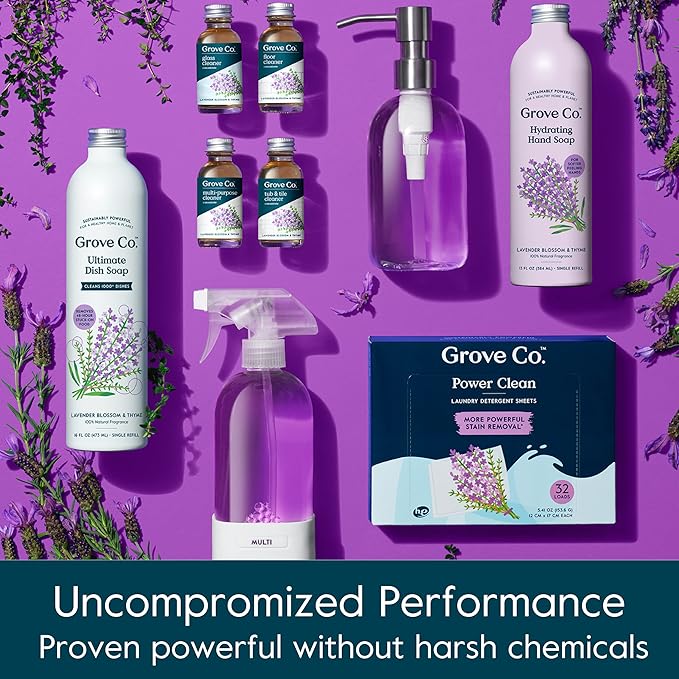 Grove Co. Ultimate Dish Soap Refills (3 x 16 Fl Oz) Removes 48-hour Stuck-on Food and Grease, Plastic-Free Cleaning Products, 100% Natural Lavender Blossom & Thyme Fragrance